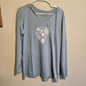 Life Is Good Long Sleeve Hooded Shirt Floral Heart Love is My Favorite Color L